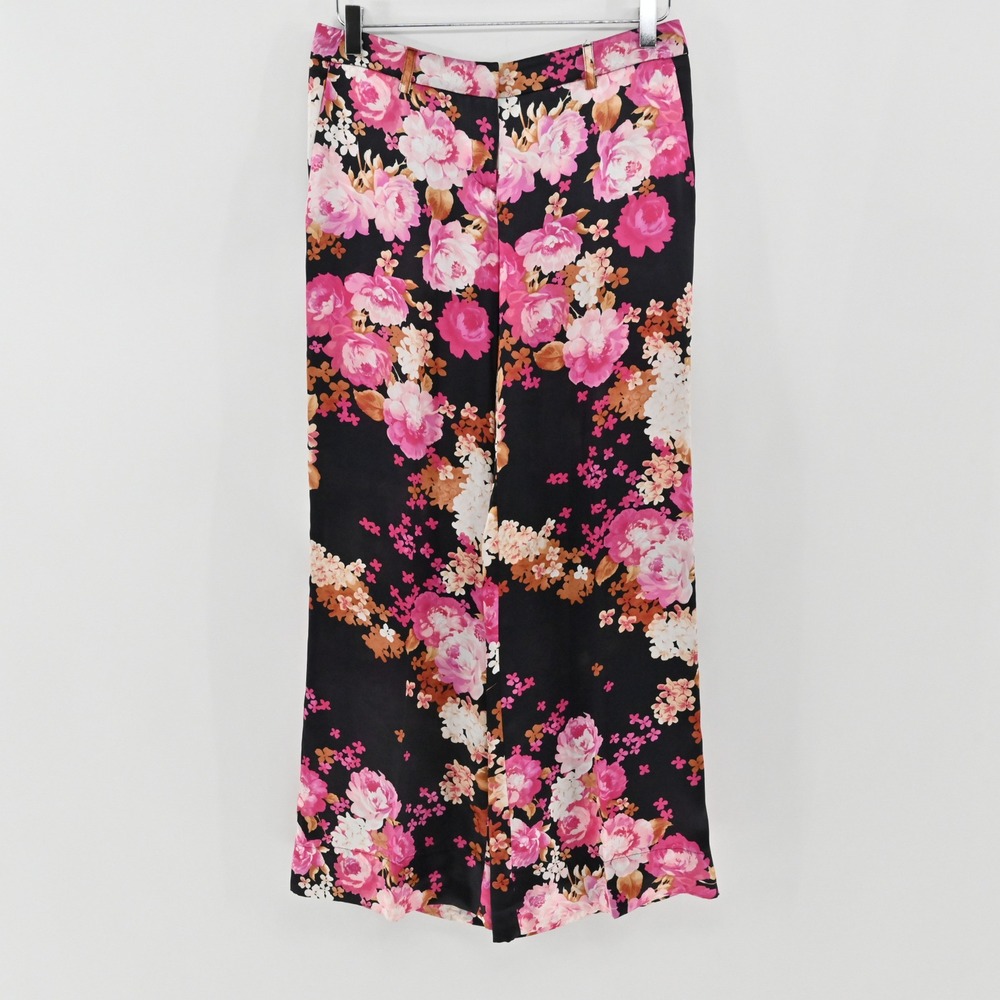 Tara Jarmon Silk Floral Pants Womens Size 38 Wide Leg Black Pink Paris